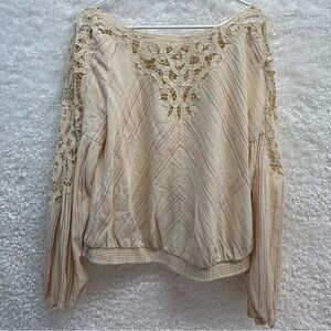 Free People Cream Crochet-Trim Striped Peasant Blouse